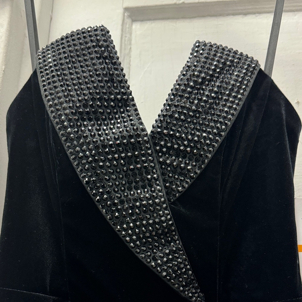 Black Beaded V-Neck Velvet Jumpsuit - Women Size Small